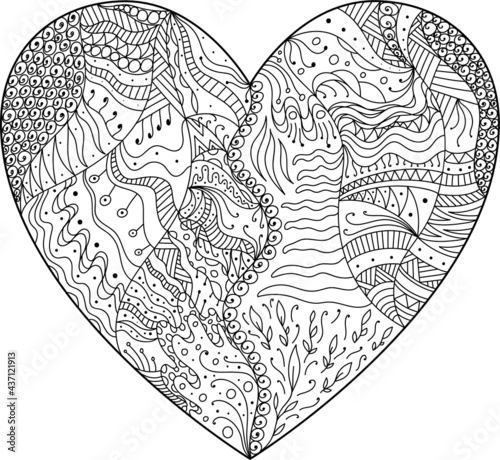 Zendoodle heart abstract decoration isolated icon. Black and white design for adult colouring book style. St Valentine's vector illustration. photo