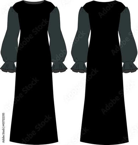 bishop gray sleeve long dress design  and bishop sleeve modesty abaya design fashion illustrator and flat drawing