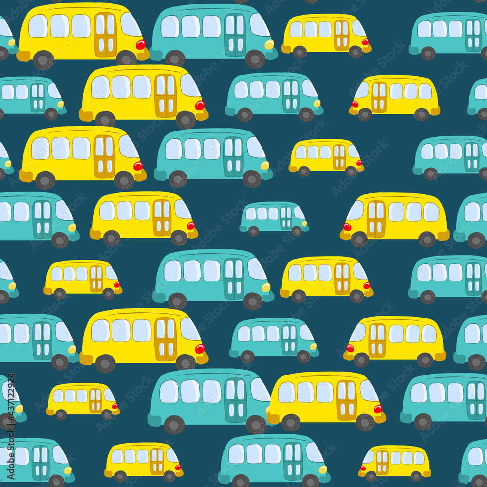 Seamless pattern with cute bus, car on blue background. Cartoot transport. Vector illustration. Doodle style. Design for baby print, invitation, poster, card, fabric, textile