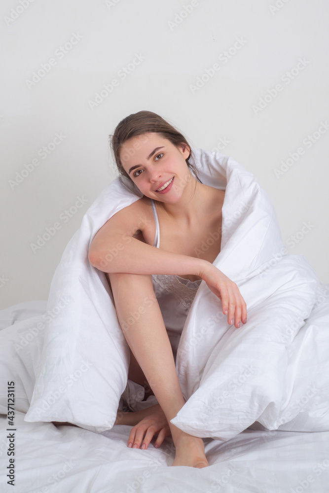Woman lie in bed woke up after sleeping in morning, enjoy new day, enough sleep concept.