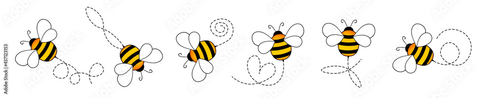 Set of cartoon bee mascot. A small bees flying on a dotted route. Wasp collection. Vector characters. Incest icon. Template design for invitation, cards. Doodle style - obrazy, fototapety, plakaty 