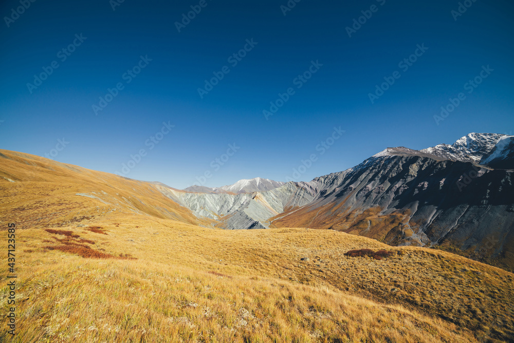 Awesome autumn landscape with great snow-covered mountains and sharp rockies. Spectacular colorful view to mountain ridge and yellow valley in fall. Wonderful mountain scenery in orange autumn colors.