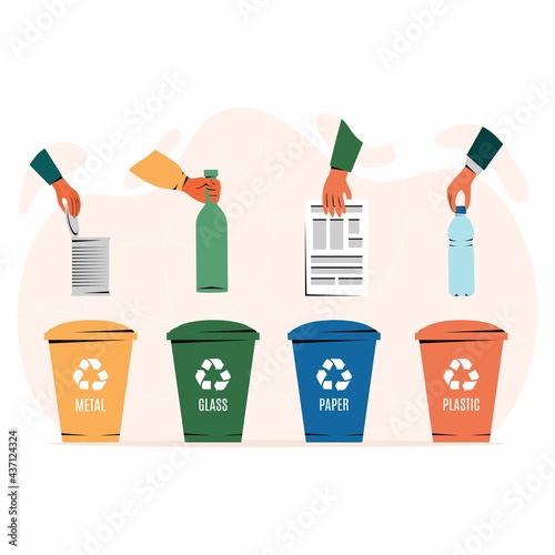 Different colored trash cans with paper, plastic, glass and metal waste suitable for recycling. Segregate waste, sorting garbage, waste management. White background. Vector illustration, flat style.