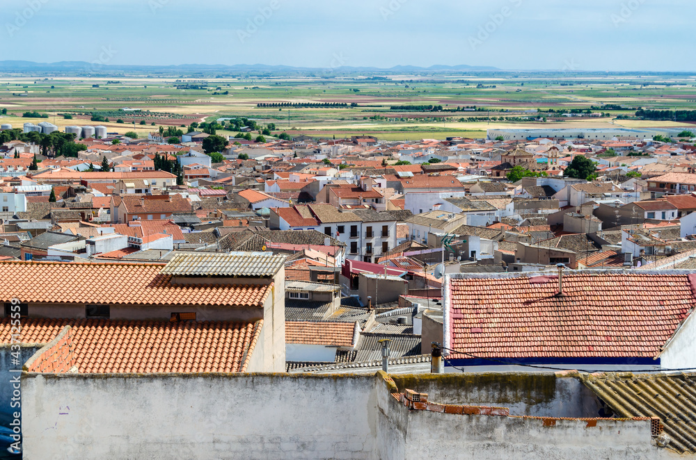 View of Campo de Criptana, a village in Castilla La Mancha, Spain, famous for its windmills on Don Quixote Route