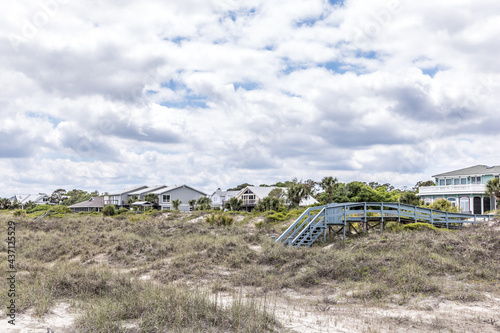 A row of beach houses and homes on the shores of Tybee Island, Georgia