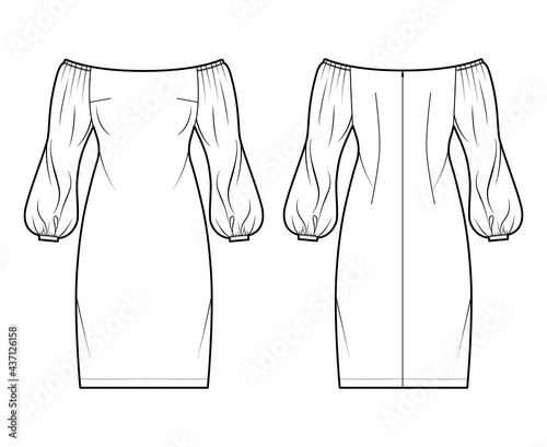 Dress off-the-shoulder Bardot technical fashion illustration with long puff sleeves, fitted body, knee length pencil skirt. Flat evening apparel front, back, white color. Women, men unisex CAD mockup