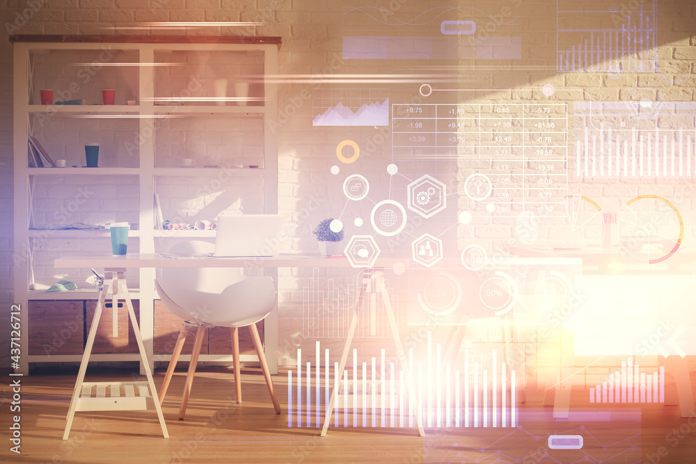 Fototapeta premium Multi exposure of data theme drawing and office interior background. Concept of technology.