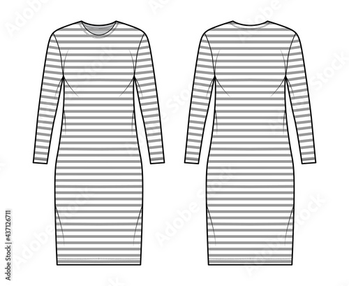 Dress sailor technical fashion illustration with stripes, long sleeves, oversized body, knee length pencil skirt. Flat apparel front, back, white color style. Women, men unisex CAD mockup