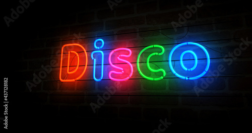 Disco symbol neon light 3d illustration