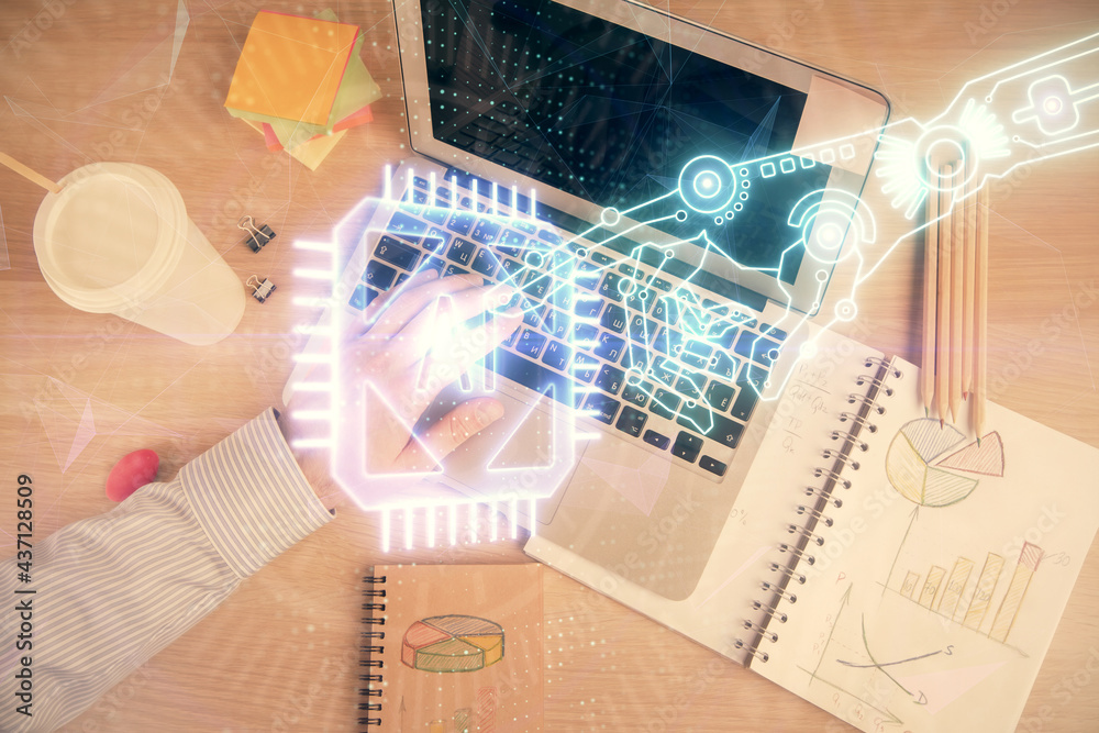 Multi exposure of man's hands typing over computer keyboard and data theme hologram drawing. Top view. Technology concept. Multi exposure of man's hands typing over computer keyboard and data theme hologram drawing. Top view. Technology concept.