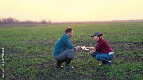 Farmers teaming up to make a business plan in the tablet in the field, the concept of rural life, agricultural work on fertilization with organic substances of the farm, senior agronomist