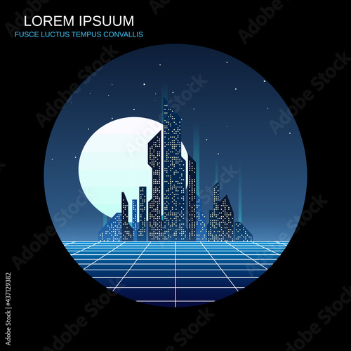Big city night retro futuristic style vector illustration