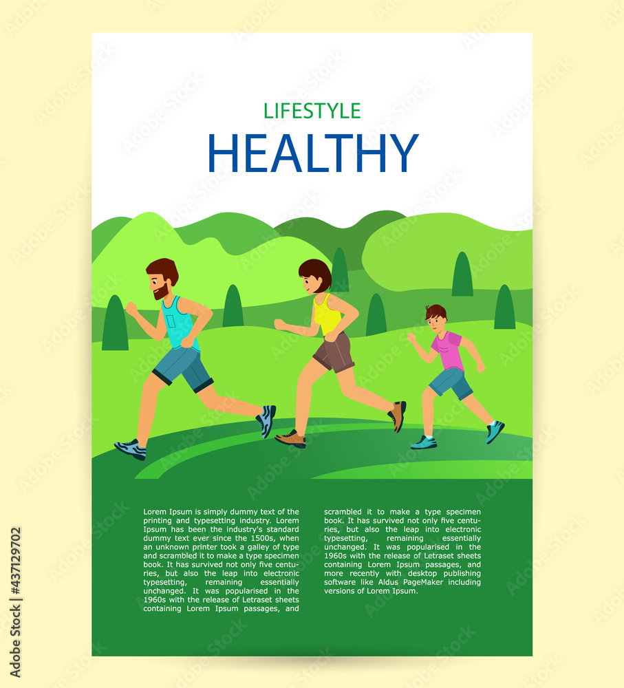 Poster healthy active lifestyle. Family Jogging in the Park.