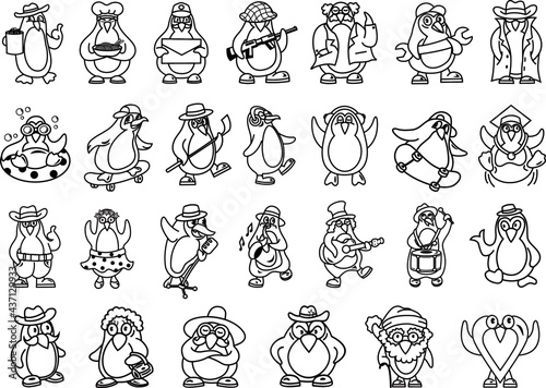 27 set of line vector illustrations of various types of penguin characters on a white background.