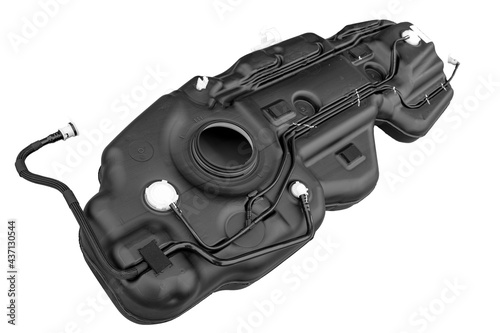 New plastic fuel tank complete with car fuel pipes on white background