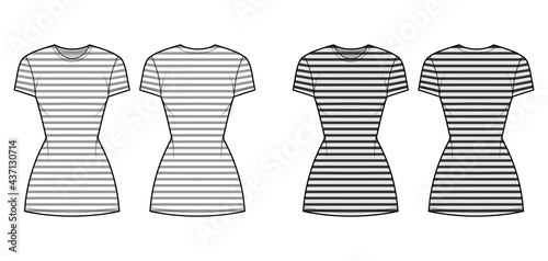Dress sailor technical fashion illustration with stripes, short sleeves, fitted body, mini length pencil skirt. Flat apparel front, back, white, grey color style. Women, men unisex CAD mockup