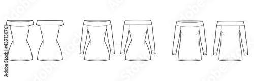 Set of Dresses off-the-shoulder Bardot technical fashion illustration with long short sleeve, knee mini length pencil skirt. Flat apparel front, back, white color style. Women, men unisex CAD mockup