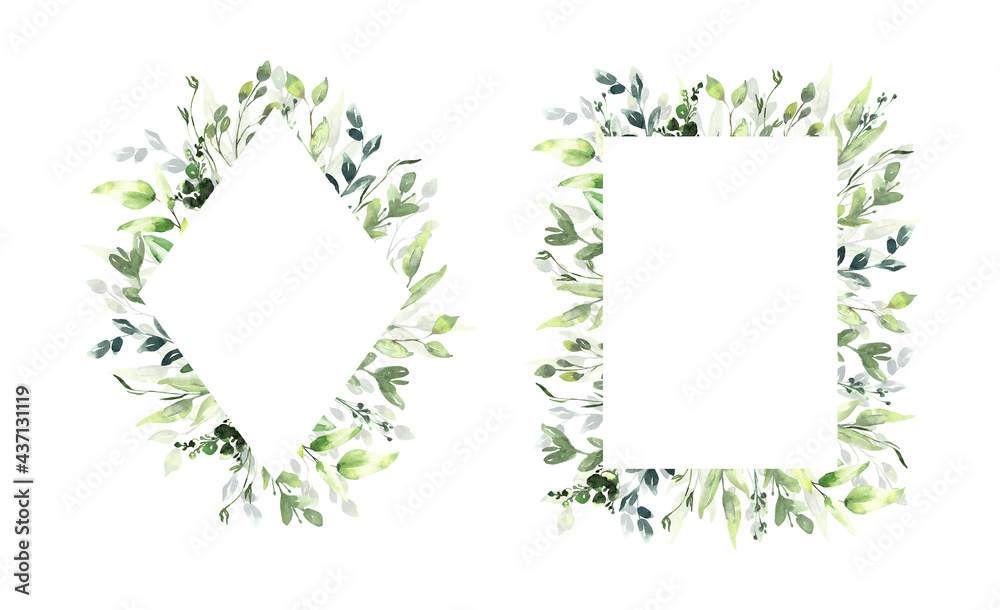 Watercolor floral illustration set - green leaf Frame collection, for wedding stationary, greetings, wallpapers, fashion, background. Eucalyptus, olive, green leaves, etc. High quality illustration