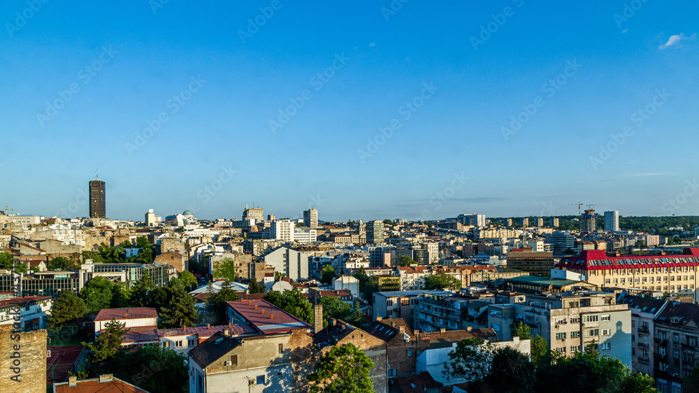 Beautiful panorama of Belgrade and river Sava from the rooftop. Belgrade downtown at the sunset.