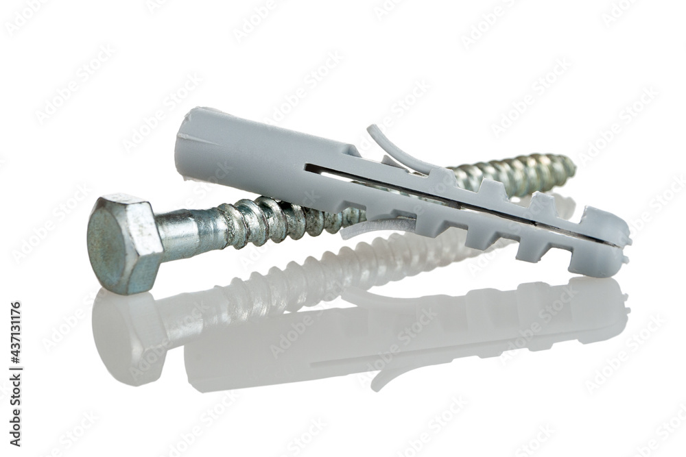 self-tapping screw, self-drilling screw, screw, fixing product in the form of a rod with a head and a special external thread and a dowel for fixing to walls of various structures, white background self-tapping screw, self-drilling screw, screw, fixing product in the form of a rod with a head and a special external thread and a dowel for fixing to walls of various structures, white background