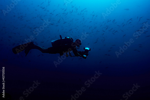 Underwater photographer  silhouette diving in blue water background © Adrien