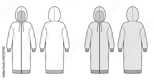 Dress zip-up hoody technical fashion illustration with long sleeves, rib cuff oversized body, knee length skirt. Flat apparel front, back, white, grey color style. Women, men unisex CAD mockup