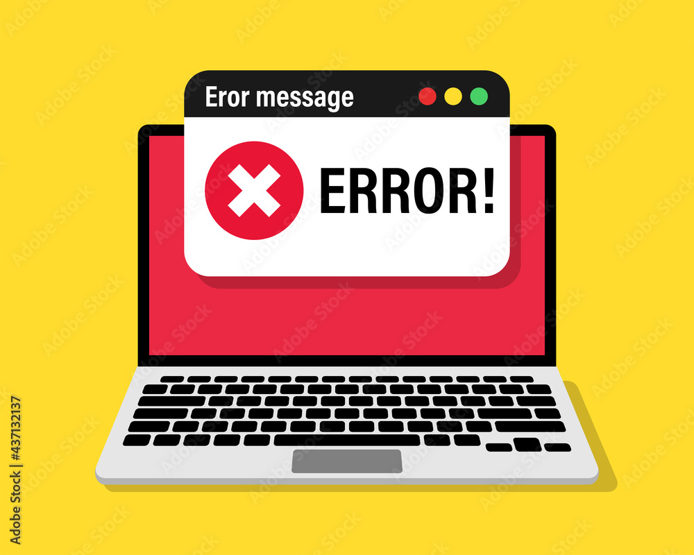 Error warning on laptop screen. Alert message. Problem message on computer. Vector illustration Error warning on laptop screen. Alert message. Problem message on computer. Vector illustration