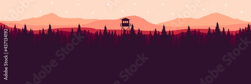 silhouette of watch tower at mountain forest with pine tree vector flat design for wallpaper, banner, background, design template and backdrop design