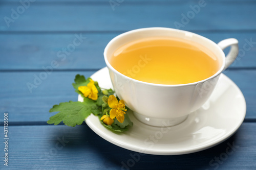 Cup of aromatic celandine tea and flowers on blue wooden table, closeup. Space for text
