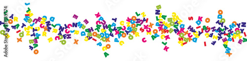 Falling letters of English language. Colorful flying words of Latin alphabet. Foreign languages study concept. Decent back to school banner on white background.