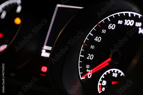 Closeup view of dashboard with speedometer in modern car