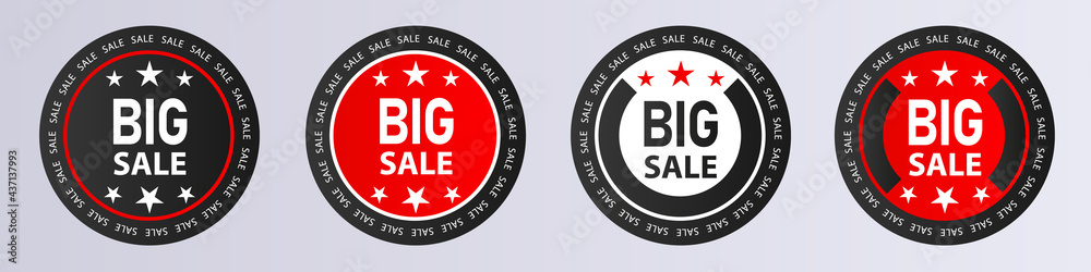 Set of Modern Premium Sale Circle Badges. Editable red black white designs collection with text and star symbols Set of Modern Premium Sale Circle Badges. Editable red black white designs collection with text and star symbols