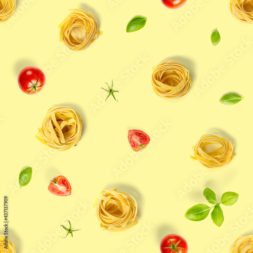 Seamless pattern from Italian tagliatelle pasta. raw pasta fettuccine, pop art background, flat lay. Italian raw nest pasta isolated on yellow.