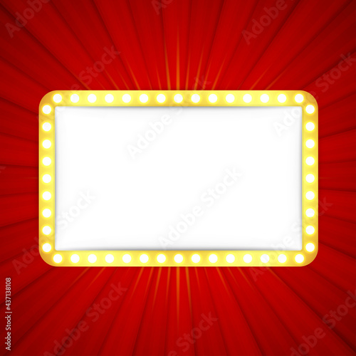 Retro frame with glowing lamps on red sunburst background