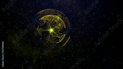 Digital golden planet of Earth, 3D animation