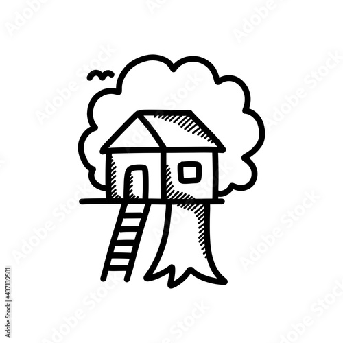 treehouse doodle icon, vector color line illustration