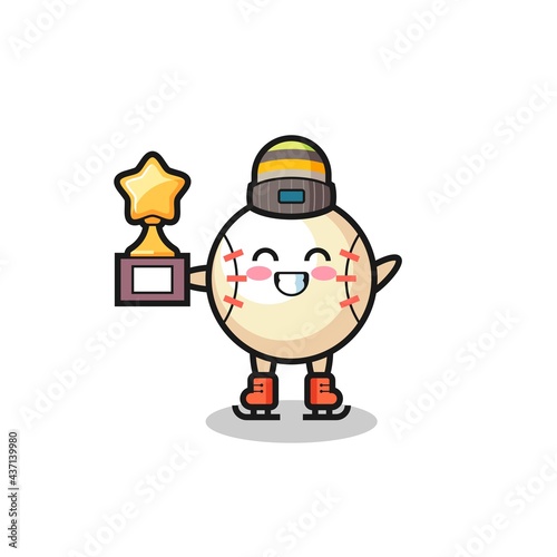 baseball cartoon as an ice skating player hold winner trophy