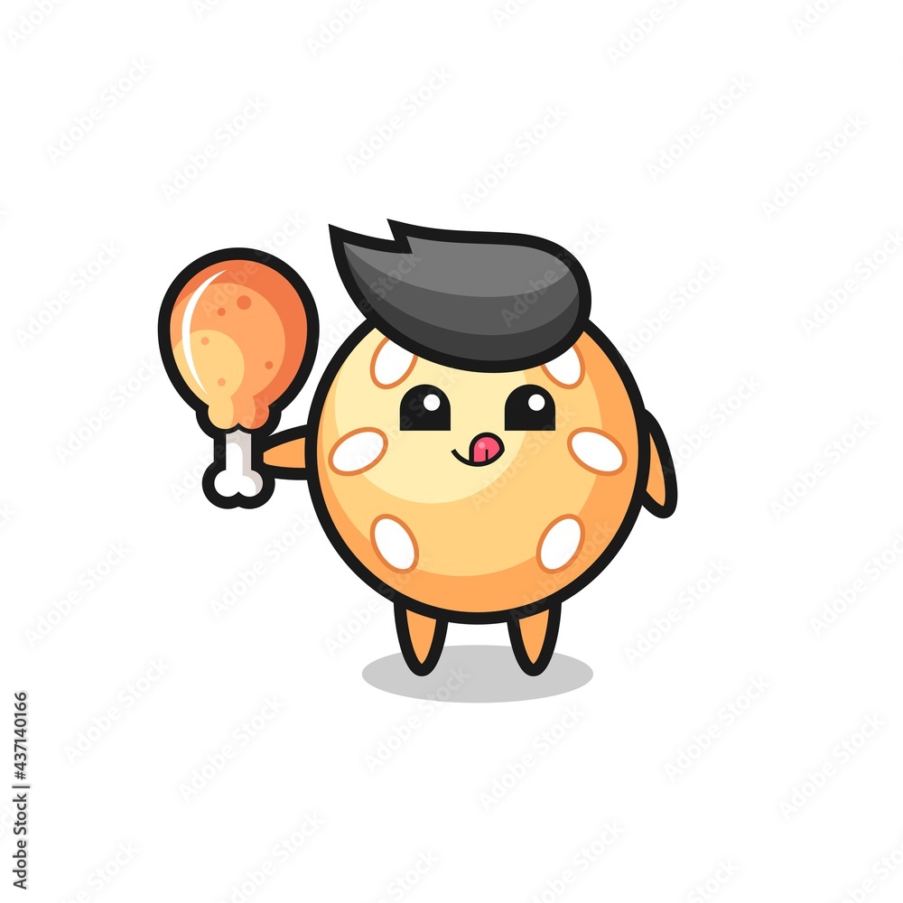 sesame ball cute mascot is eating a fried chicken