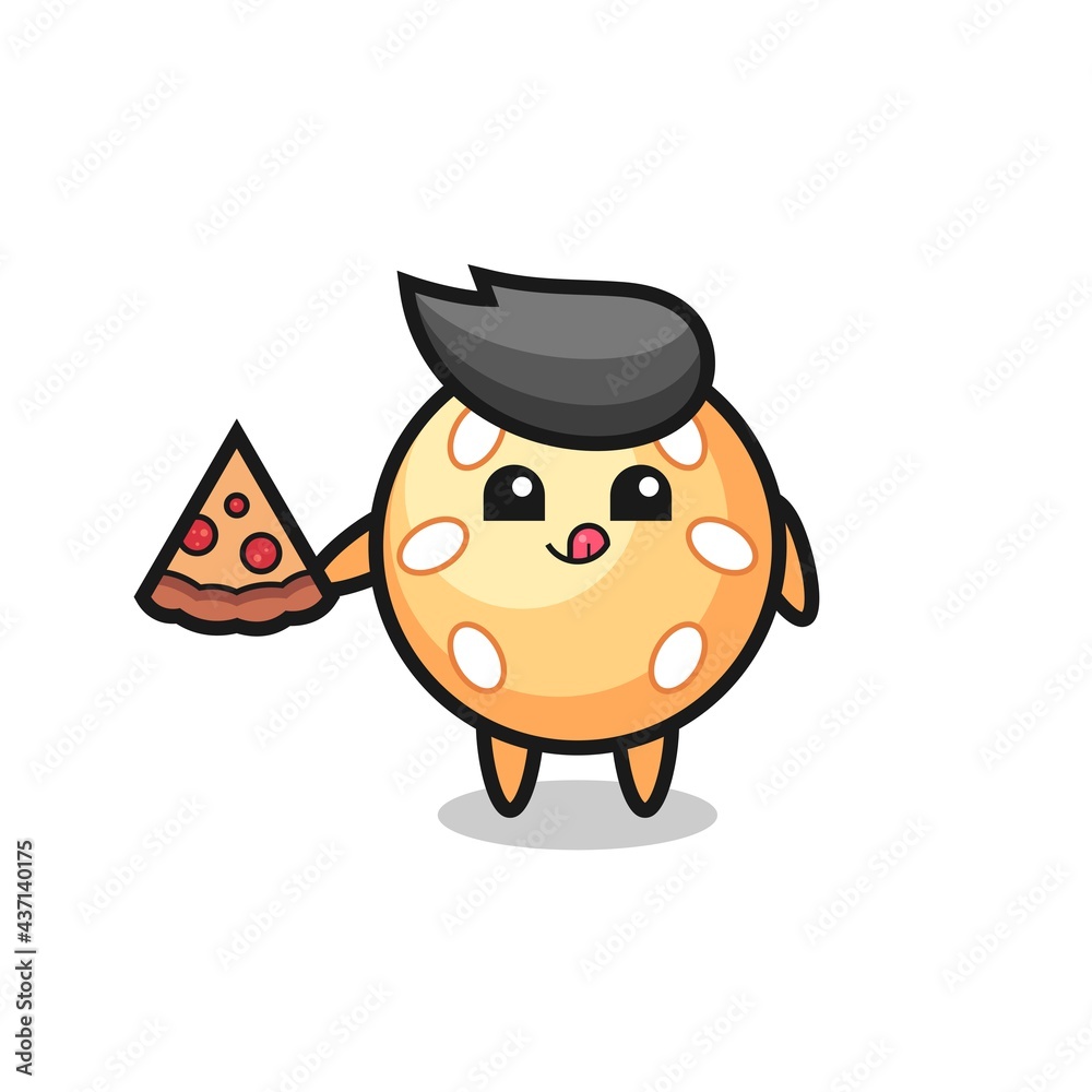 cute sesame ball cartoon eating pizza