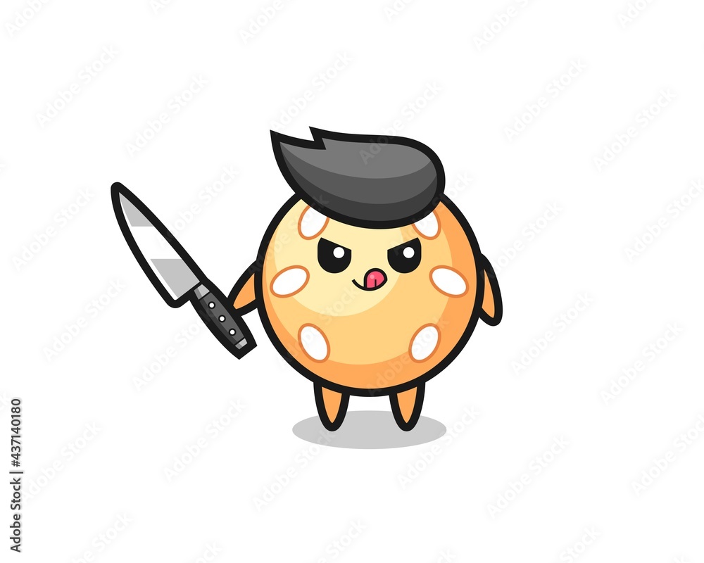 cute sesame ball mascot as a psychopath holding a knife