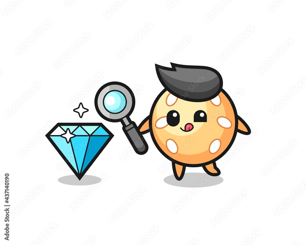sesame ball mascot is checking the authenticity of a diamond sesame ball mascot is checking the authenticity of a diamond