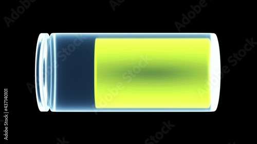 3D neon battery recharging power from empty to fully charged isolated on black background animation, digital electronic device discharged level interface icon motion graphic, energy storage technology