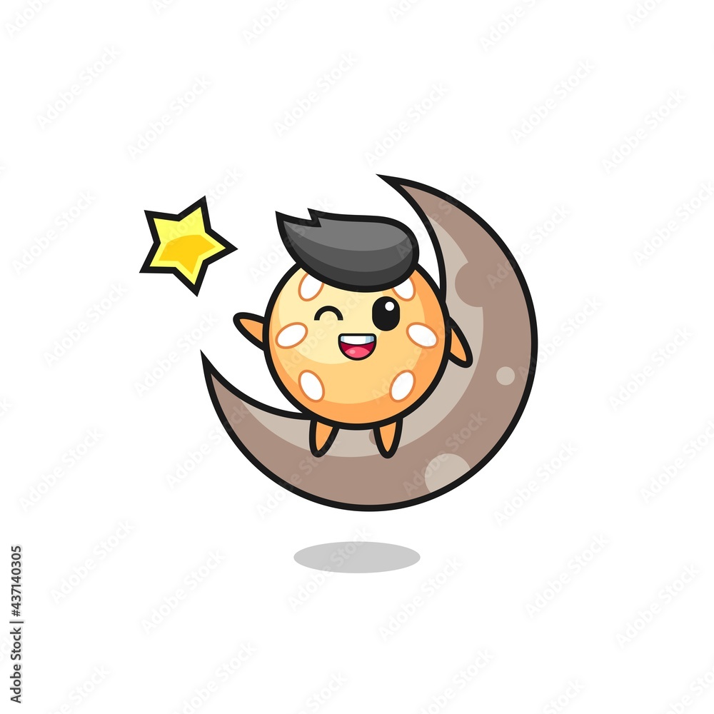 illustration of sesame ball cartoon sitting on the half moon