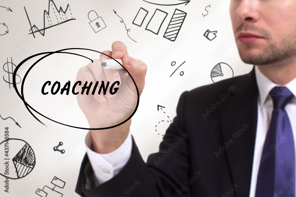 Business, technology, internet and network concept. Young businessman thinks over the steps for successful growth: Coaching Business, technology, internet and network concept. Young businessman thinks over the steps for successful growth: Coaching