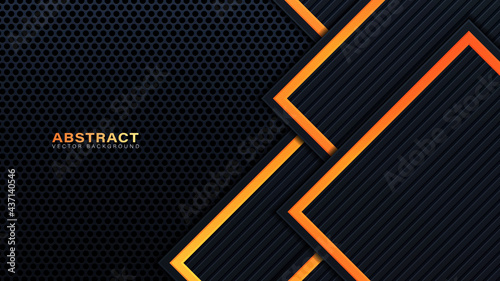 Abstract 3D black technology background overlap layers on dark space with orange light effect decoration. Modern graphic design template elements for poster, flyer, brochure, or banner