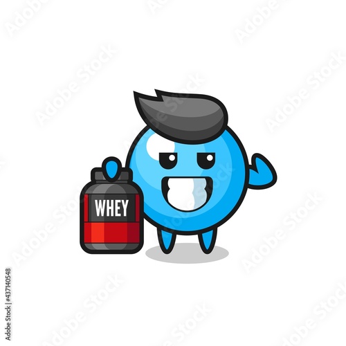 the muscular bubble gum character is holding a protein supplement