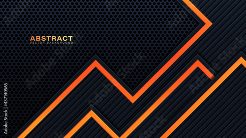 Abstract 3D black technology background overlap layers on dark space with orange light effect decoration. Modern graphic design template elements for poster, flyer, brochure, or banner
