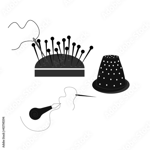 Pin and needle cushion, thimble and threader. Card template for use in the garment industry, tailors and clothing boutiques. Vector illustration. For logos and business cards, icons, tailor shops