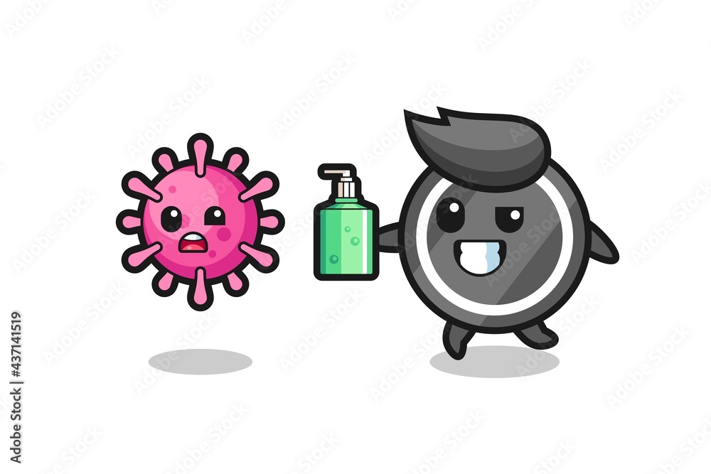 illustration of hockey puck character chasing evil virus with hand sanitizer