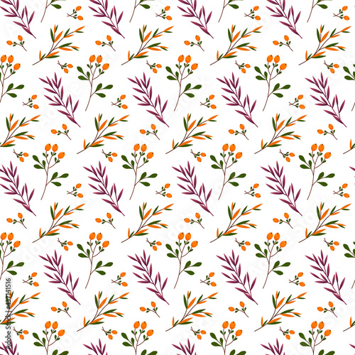 Seamless pattern with branches of leaves and forest berries. Vector illustration isolated on white background. For the design of prints  cards  flyers  clothing  packaging  brochures and covers.